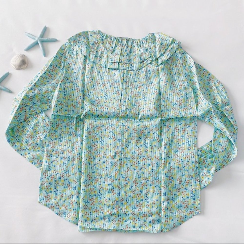 J. Crew | Ruffle Top In Field Day Print Aqua Small Ditsy Floral Mint New Viscose - Picture 10 of 15